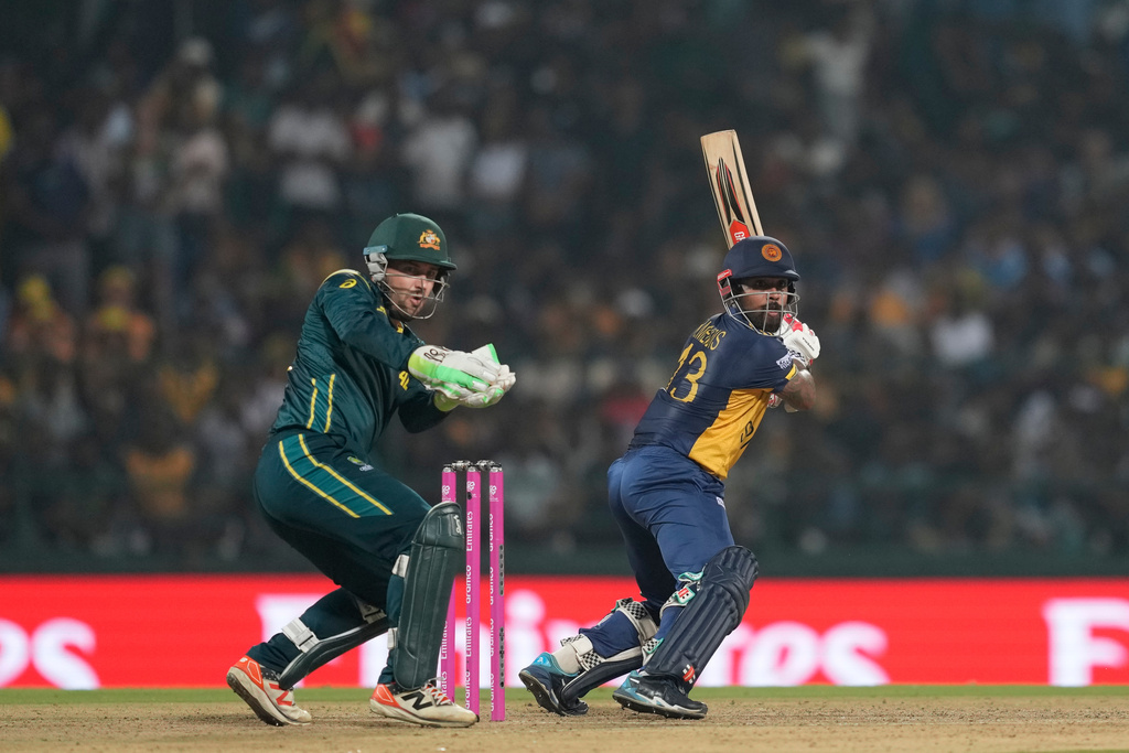 Sri Lanka's Kusal Mendis plays a shot during the T20 World Cup cricket match between Sri Lanka and Australia in Pallekele, Sri Lanka, Monday, Feb. 16, 2026. (AP Photo/ Eranga Jayawardena)