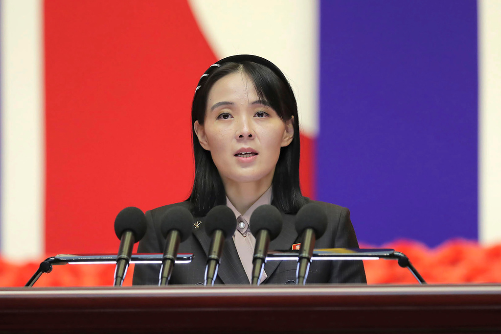 FILE - This photo provided by the North Korean government, Kim Yo Jong, sister of North Korean leader Kim Jong Un, delivers a speech during a national meeting against the coronavirus, in Pyongyang, North Korea, on Aug. 10, 2022. (Korean Central News Agency/Korea News Service via AP, File)