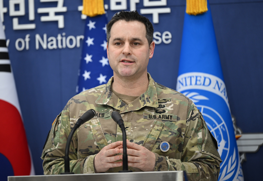 U.S. Army Col. Ryan Donald, public affairs director of the United Nations Command, Combined Forces Command, and United States Forces Korea, speaks during a media briefing on the 2026 ROK-US Freedom Shield Military Exercise at the Defense Ministry in Seoul, South Korea, Wednesday, Feb. 25, 2026. (Jung Yeon-je/Pool Photo via AP)