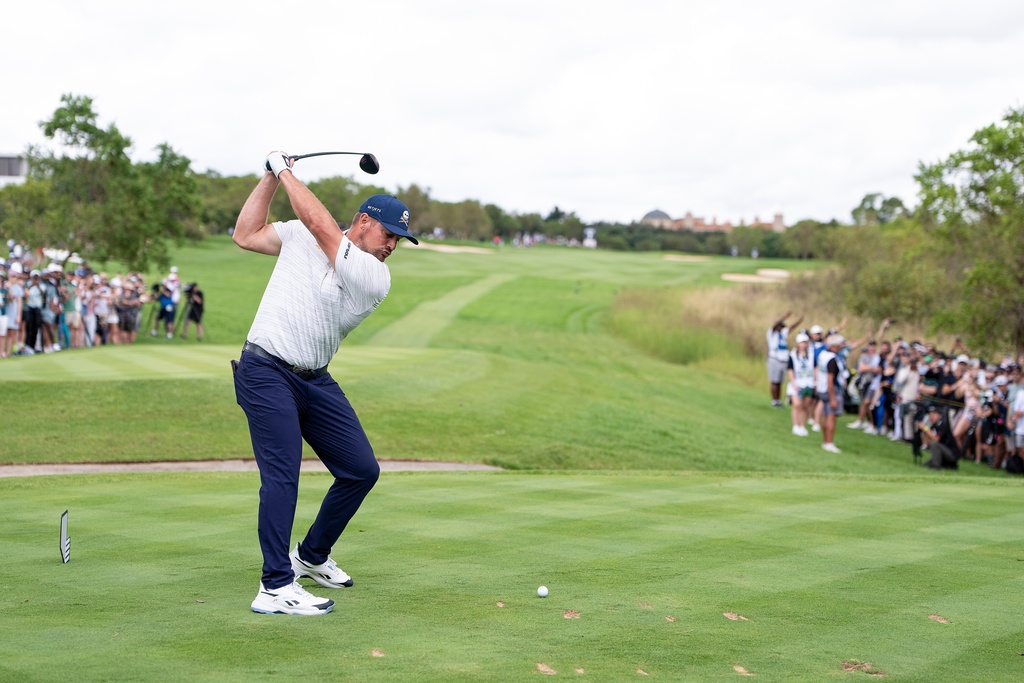 Captain Bryson DeChambeau of Crushers GC hits his shot from the seventh tee during the third round of the LIV Golf tournament at The Club at Steyn City, Saturday, March 21, 2026, in Midrand, South Africa. (Pedro Salado/LIV Golf via AP)