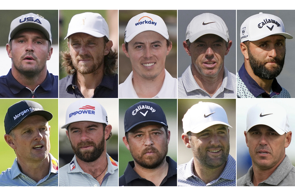 FILE - This combo of file photos show the top golfers that will be competing at the U.S. Open golf championship at Shinnecock Hills Golf Club in Southampton, N.Y., June 18, 2026. Top row, from left, Bryson DeChambeau, Tommy Fleetwood, Cameron Young, Rory McIlroy and Jon Rahm. Bottom row, from left, Justin Rose, Cameron Young, Xander Schauffele, Scottie Scheffler and Brooks Koepka. (AP Photo/File)