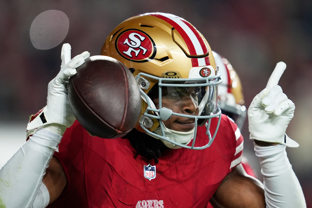 San Francisco 49ers safety Ji'Ayir Brown celebrates after an interception against the Carolina Panthers during the second half an NFL football game, Monday, Nov. 24, 2025, in Santa Clara, Calif. (AP Photo/Godofredo A. Vásquez)