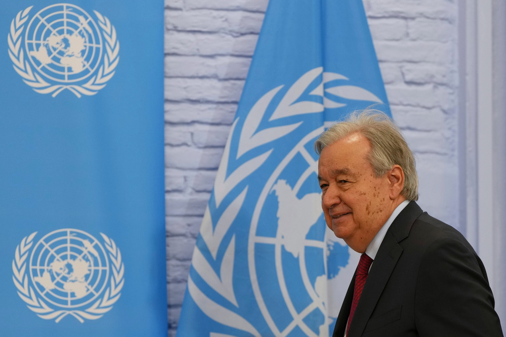 United Nations Secretary-General Antonio Guterres arrives for a new conference and after his join meeting with Turkish Cypriot Leader Tufan Erhurman, and Cyprus President Nikos Christodoulides at a U.N. compound in the Nicosia airport area, inside the United Nations-controlled buffer zone in the divided capital of Nicosia, Cyprus, Wednesday, July 29, 2026. (AP Photo/Petros Karadjias )