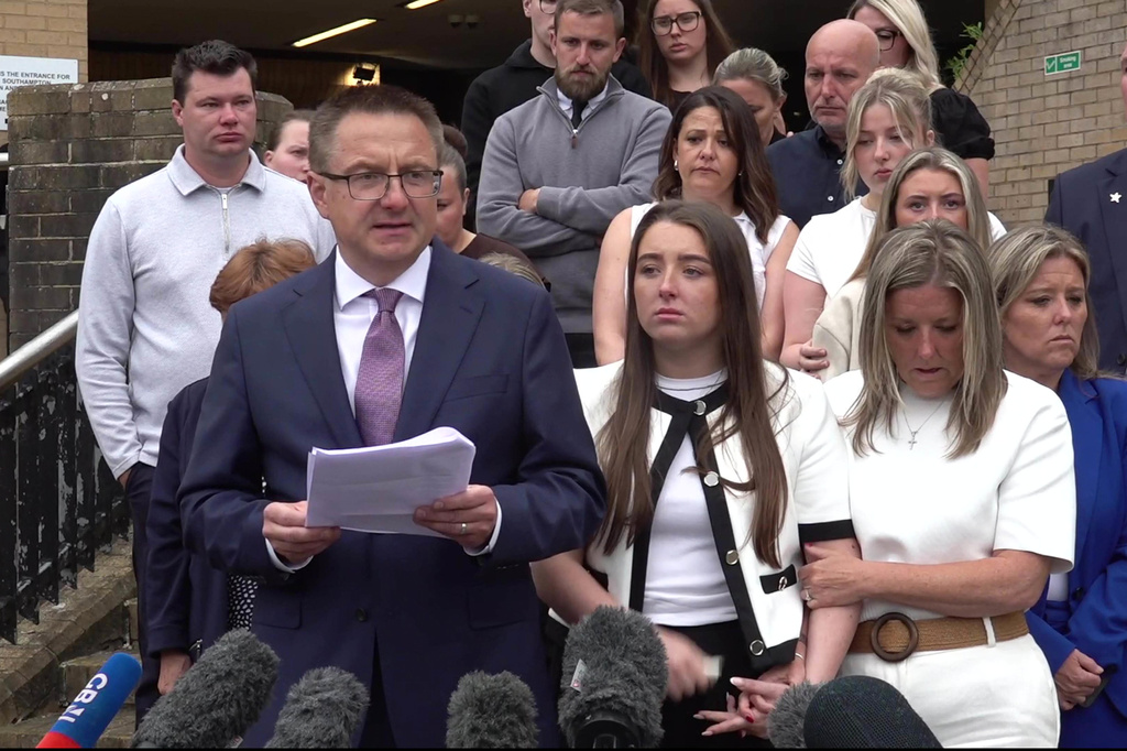 In this image taken from PA video, Henry Nowak's father Mark speaks to the media outside Southampton Crown Court, Southampton, England, Monday June 1, 2026. (Will Heaver/PA via AP)