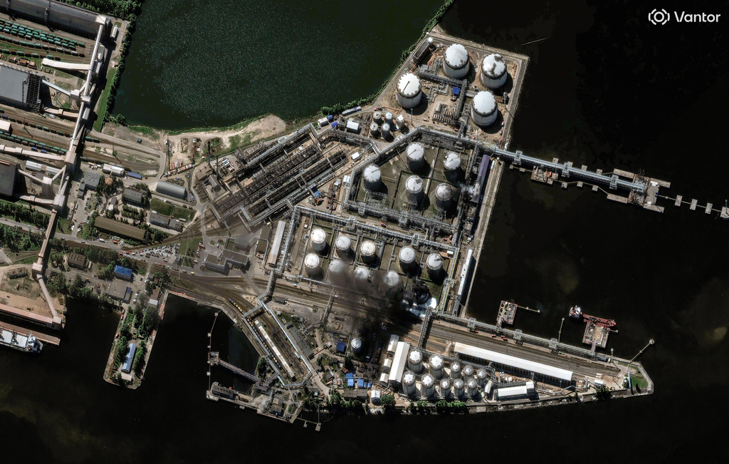This satellite image provided by Vantor shows the aftermath of the reported drone attacks that struck an oil terminal in St. Petersburg, Russia, Wednesday, June 3, 2026. (Satellite image ©2026 Vantor via AP)