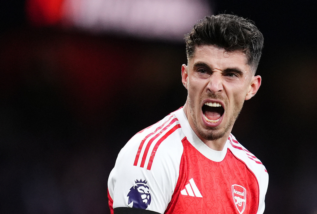 Arsenal's Kai Havertz celebrates scoring their side's first goal during the English Premier League soccer match between Arsenal and Burnley in London, Monday May 18, 2026. (John Walton/PA via AP)