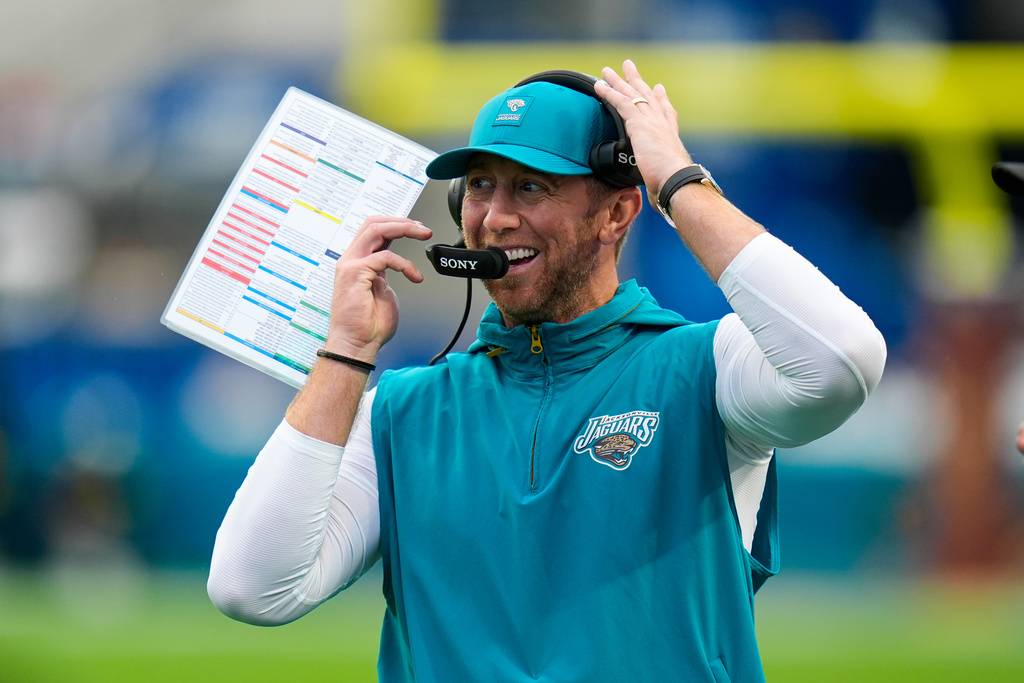 Jacksonville Jaguars head coach Liam Coen on the sideline during the first half of an NFL football game against the Indianapolis Colts, Sunday, Dec. 7, 2025, in Jacksonville, Fla. (AP Photo/John Raoux)