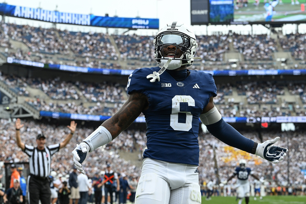 Penn State wide receiver Koby Howard celebrates a touchdown against Buffalo during the second quarter of an NCAA college football game, Saturday, Sept. 19, 2026, in State College, Pa. (AP Photo/Barry Reeger)