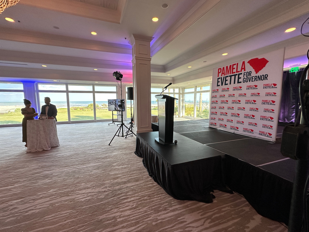 A venue is set up for Republican South Carolina Lt. Gov. Pam Evette's election party, in Myrtle Beach, Tuesday, June 23, 2026. (AP Photo/Jeffrey Collins)