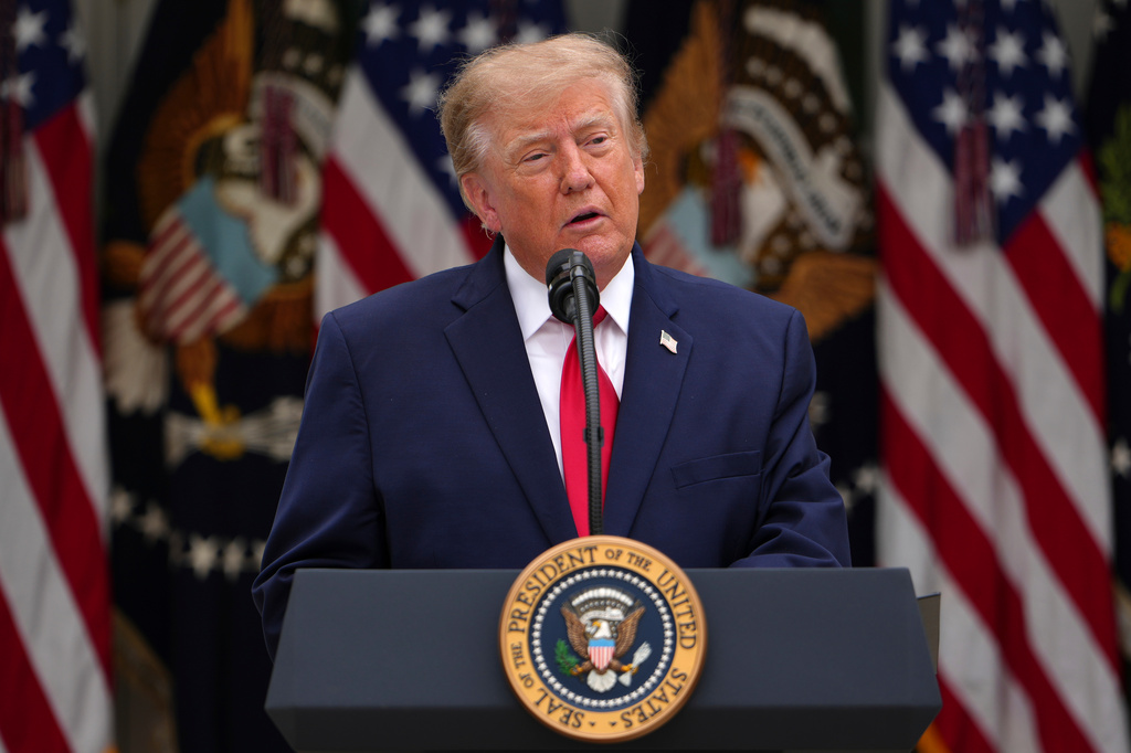 President Donald Trump speaks in the Rose Garden of the White House during an event for first responders, Thursday, Oct. 15, 2026, in Washington. (AP Photo/Julia Demaree Nikhinson)