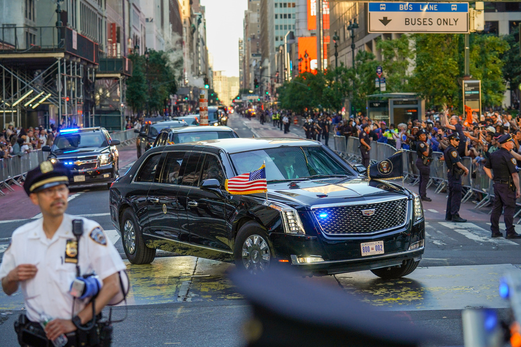 The motorcade of President Donald Trump arrives to Madison Square Garden ahead of Game 3 of the NBA Finals basketball series, Monday, June 8, 2026, in New York. (AP Photo/Ryan Murphy)
