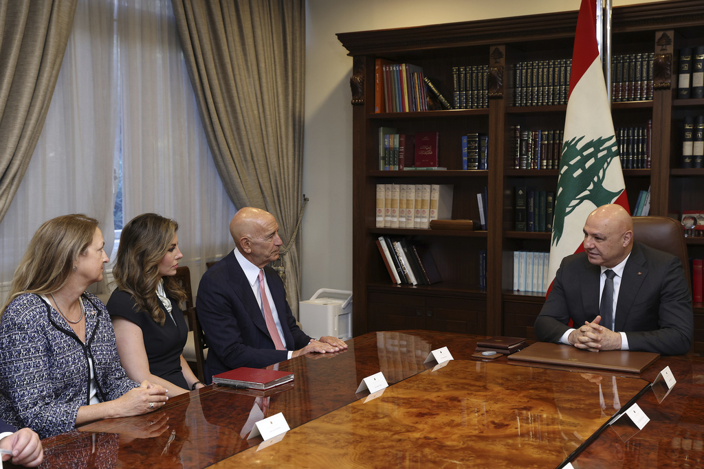 In this photo released by the Lebanese Presidency press office, Lebanese President Joseph Aoun, right, meets U.S. Ambassador to Turkey and Special Envoy to Syria Tom Barrack, third left, U.S. deputy special presidential envoy to the Middle East Morgan Ortagus, second left, and U.S. Ambassador to Lebanon Lisa A. Johnson, left, at the presidential palace in Baabda, in east of Beirut, Lebanon, Monday, Aug. 18, 2025. (Lebanese Presidency press office via AP)
