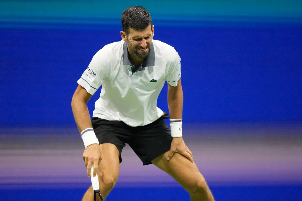 Novak Djokovic, of Serbia, reacts during the first round of the U.S. Open tennis championships against Mariano Navone, of Argentina, Sunday, Aug. 30, 2026, in New York. (AP Photo/Frank Franklin II)
