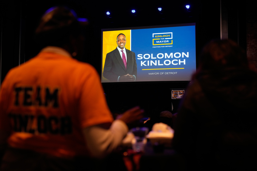 A photo of Detroit mayoral candidate Solomon Kinloch is displayed during an election night watch party on Tuesday, Nov. 4, 2025, in Detroit. (AP Photo/Ryan Sun)