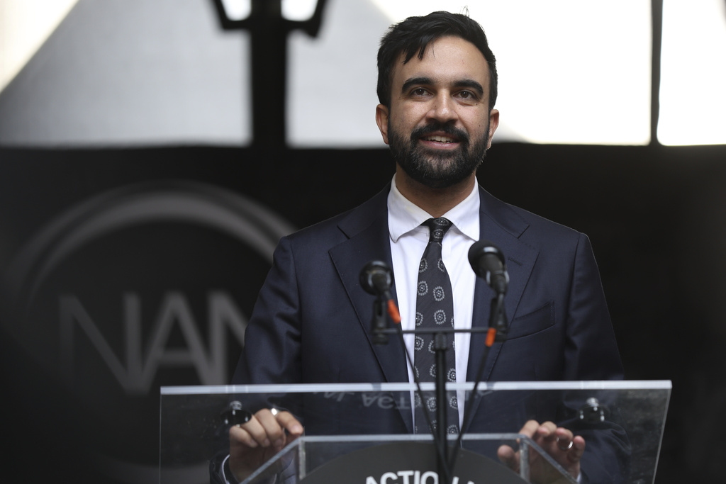 New York City Democratic mayoral candidate Zohran Mamdani speaks on stage for the March on Wall Street, Thursday, Aug. 28, 2025, in New York. (AP Photo/Heather Khalifa)