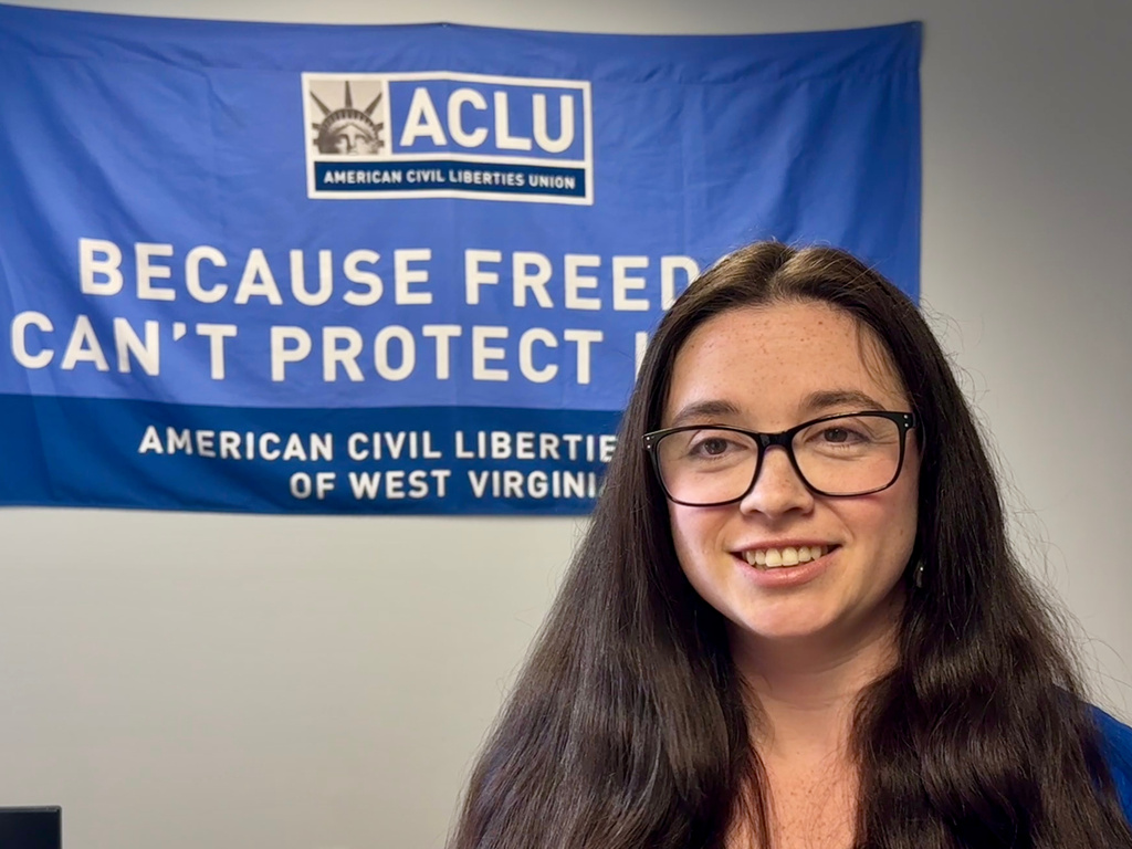 West Virginia American Civil Liberties Union legal director Aubrey Sparks speaks Tuesday, April 14, 2026, at her office in Charleston, W.Va. (AP Photo/John Raby)