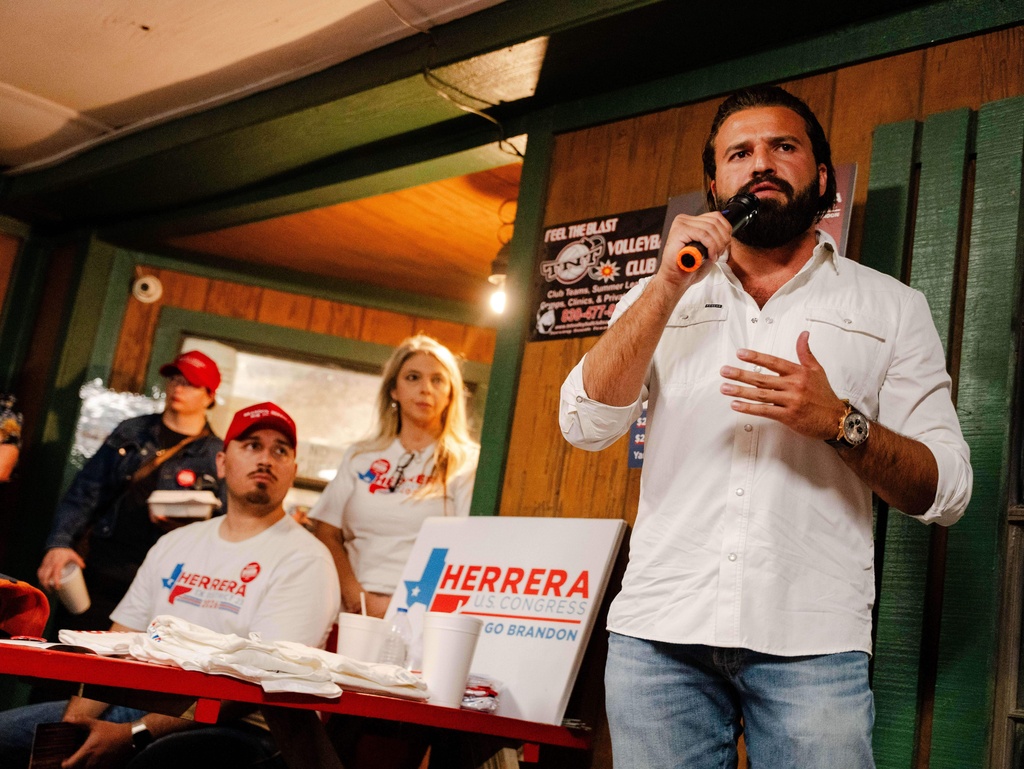 Brandon Herrera, a Republican congressional candidate for Texas' 23rd District, speaks during an event, Thursday, Feb. 26, 2026, in Somerset, Texas. (AP Photo/Brenda Bazán)