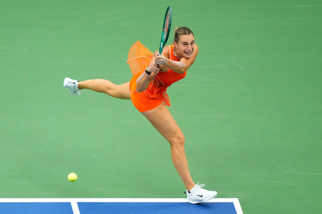 Aryna Sabalenka, of Belarus, returns the ball to Taylor Townsend, of the United States, during the fourth round of the U.S. Open tennis championships Sunday, Sept. 6, 2026, in New York. (AP Photo/Yuki Iwamura)
