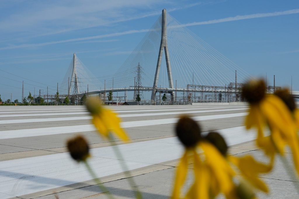 The Gordie Howe International bridge connecting Detroit and Windsor, Ontario is shown Friday, July 24, 2026, in Windsor. (AP Photo/Paul Sancya)