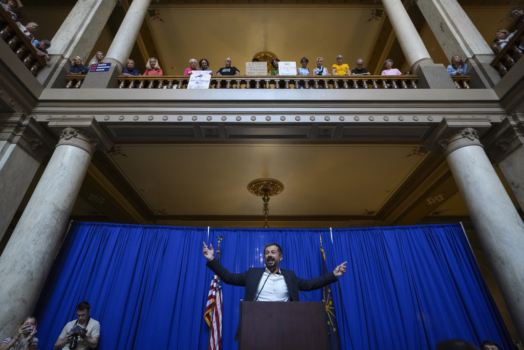 Former Transportation Secretary Pete Buttigieg speaks at a rally at the Statehouse in Indianapolis, Thursday, Sept. 18, 2025 for Indiana Democrats amid pressure from President Donald Trump on Republicans who control the state's legislature to redistrict congressional seats. (AP Photo/Michael Conroy)