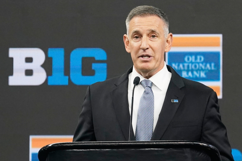 FILE - Big Ten Conference Commissioner Tony Petitti speaks during an news conference at the Big Ten Conference NCAA college football media days at Lucas Oil Stadium, Wednesday, July 26, 2023, in Indianapolis. (AP Photo/Darron Cummings, File)