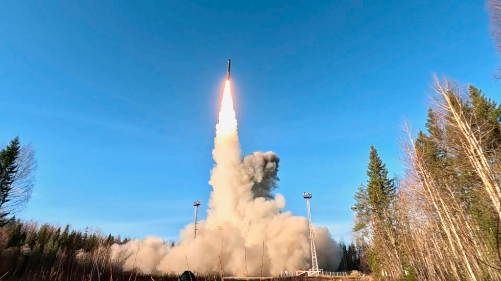 In this photo taken from video distributed by Russian Defense Ministry Press Service on Wednesday, Oct. 22, 2025, a Yars intercontinental ballistic missile is test-fired from the Plesetsk launch facility in northwestern Russia as part of drills of Russia's nuclear forces. (Russian Defense Ministry Press Service via AP)