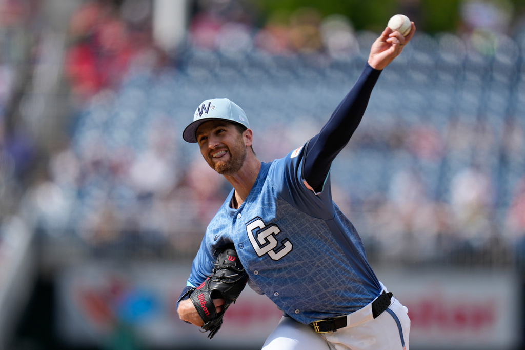 Washington Nationals starting pitcher Foster Griffin throws to the Milwaukee Brewers during the first inning of a baseball game, Saturday, May 2, 2026, in Washington. (AP Photo/Jess Rapfogel)
