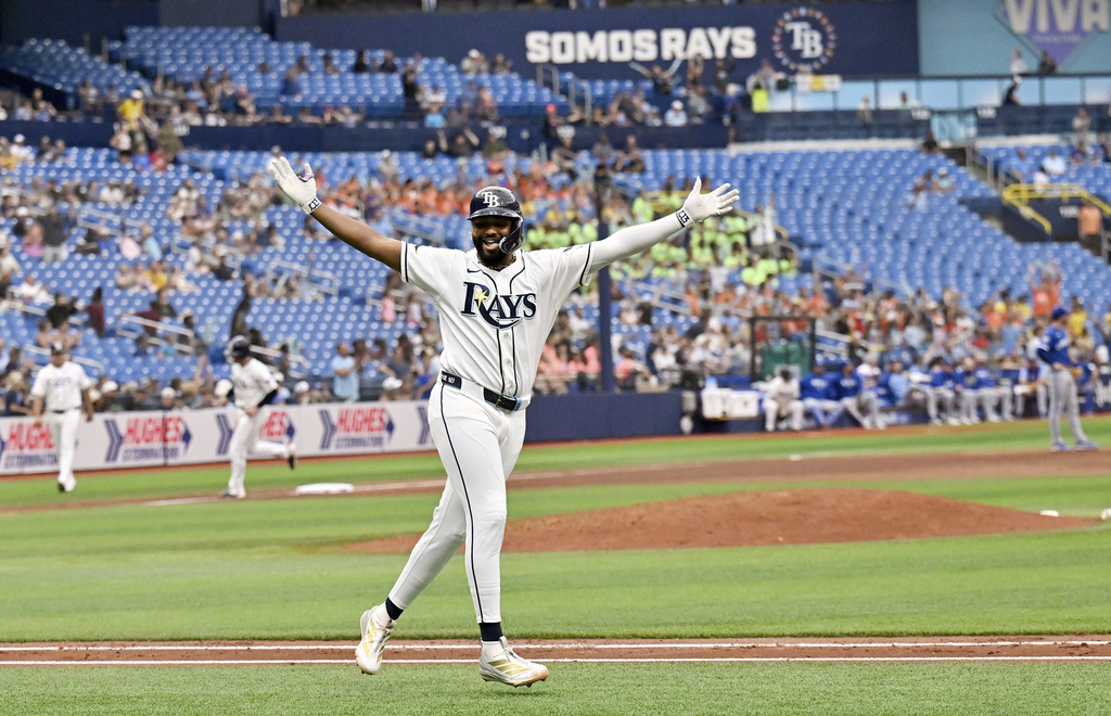 Tampa Bay Rays' Junior Caminero celebrates his three-run home run during the eighth inning of a baseball game against the Kansas City Royals Thursday, June 25, 2026, in St. Petersburg, Fla. (AP Photo/Jason Behnken)