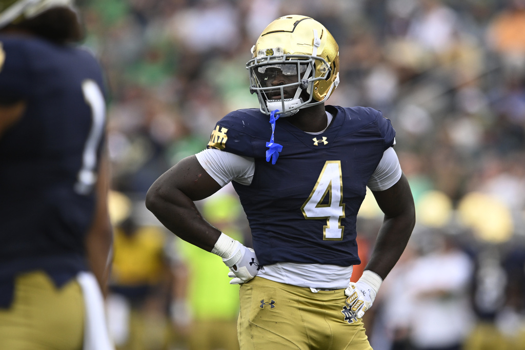 Notre Dame running back Jeremiyah Love looks on during the first quarter of an NCAA football game against Purdue, Saturday, Sept. 20, 2025, in South Bend, Ind. (AP Photo/Paul Beaty)