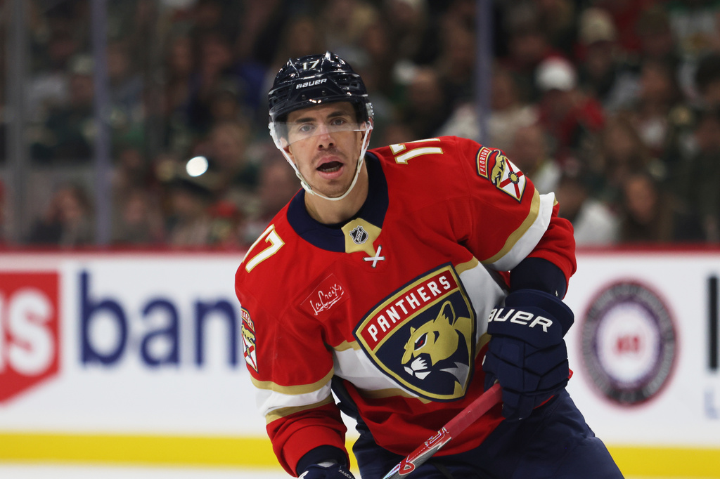FILE - Florida Panthers' Evan Rodrigues (17) plays against the Minnesota Wild during the third period of an NHL hockey game, Jan. 24, 2026, in St. Paul, Minn. (AP Photo/Lily Dozier, File)