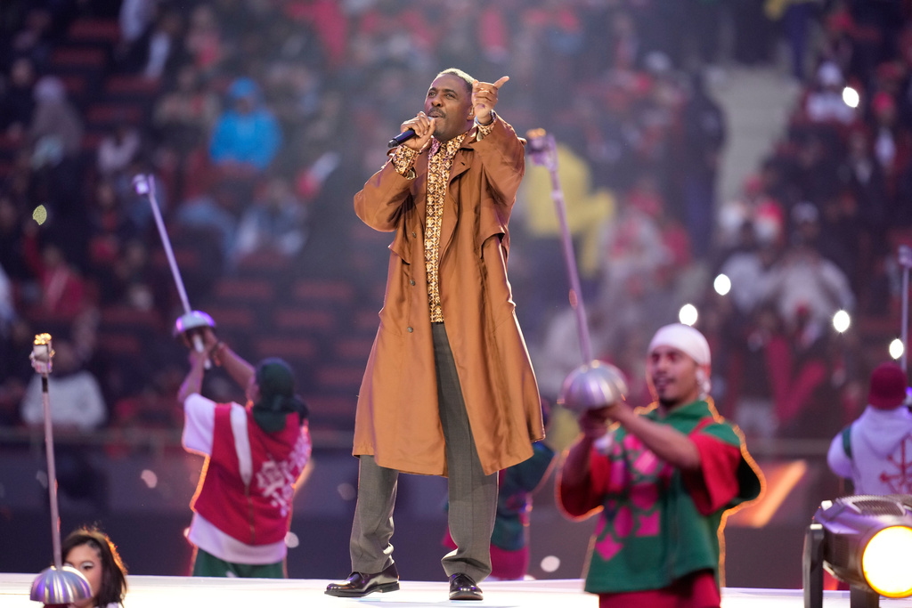 English actor Idris Elba performs during a closing ceremony ahead of the Africa Cup of Nations final soccer match between Senegal and Morocco, in Rabat, Morocco, Sunday, Jan. 18, 2026. (AP Photo/Mosa'ab Elshamy)