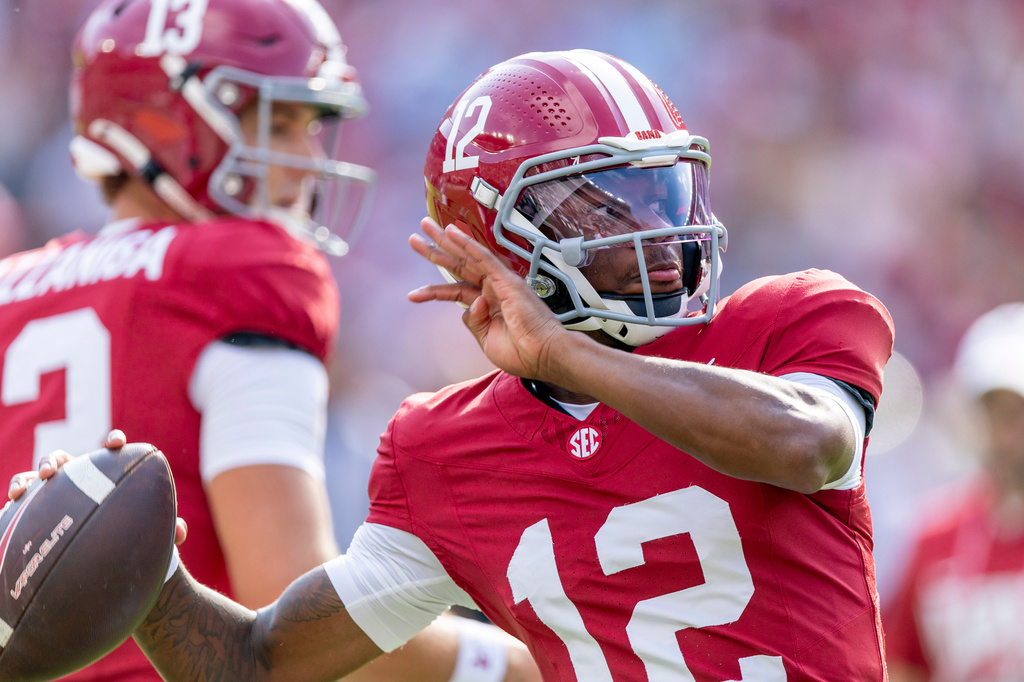 Alabama quarterback Keelon Russell (12) warms up before an NCAA college football game against Florida State, Saturday, Sept. 19, 2026, in Tuscaloosa, Ala. (AP Photo/Vasha Hunt)