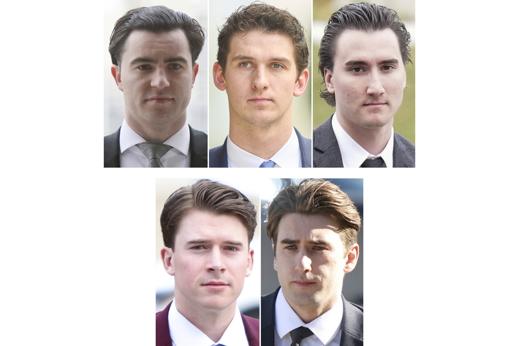 FILE - This combo of 2025 file photos taken in London, Ontario, shows, from top left, Dillon Dube, Cal Foote, Alex Formenton, and from bottom left, Carter Hart, and Michael McLeod, five hockey players acquitted of sexual assault charges stemming from an incident in 2018. (Canadian Press via AP, File)