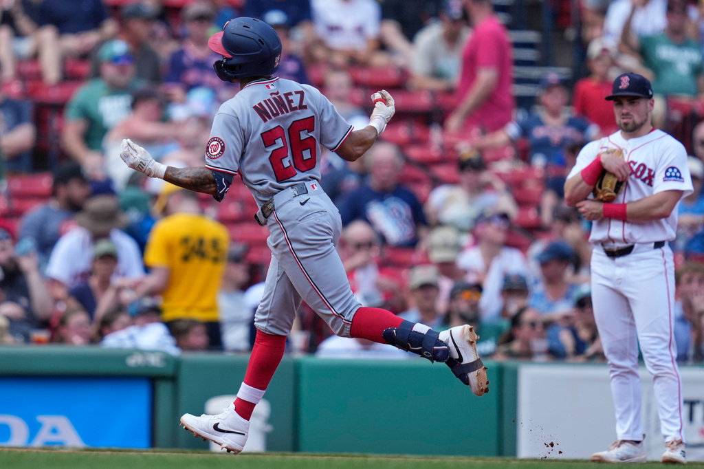Washington Nationals' Nasim Nuñez celebrates while rounding the bases on his solo home run in the fourth inning of a baseball game against the Boston Red Sox, Wednesday, July 1, 2026, in Boston. (AP Photo/Charles Krupa)