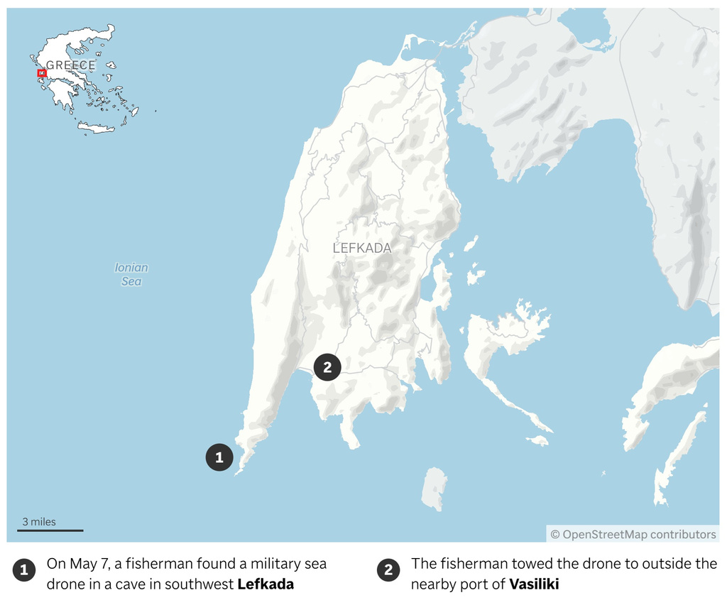 Map showing where a military drone was found on the Greek island of Lefkada. (AP Digital Embed)