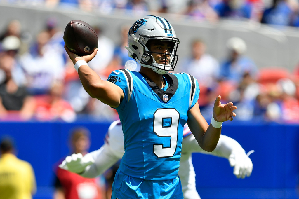 Carolina Panthers quarterback Bryce Young throws a pass during the first half of a preseason NFL football game against the Buffalo Bills, Saturday, Aug. 15, 2026, in Orchard Park, N.Y. (AP Photo/Adrian Kraus)
