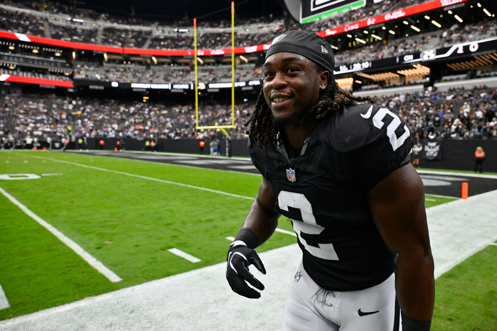Las Vegas Raiders running back Ashton Jeanty looks on prior to an NFL football game against the Los Angeles Rams, Sunday, Oct. 25, 2026, in Las Vegas. (AP Photo/David Becker)