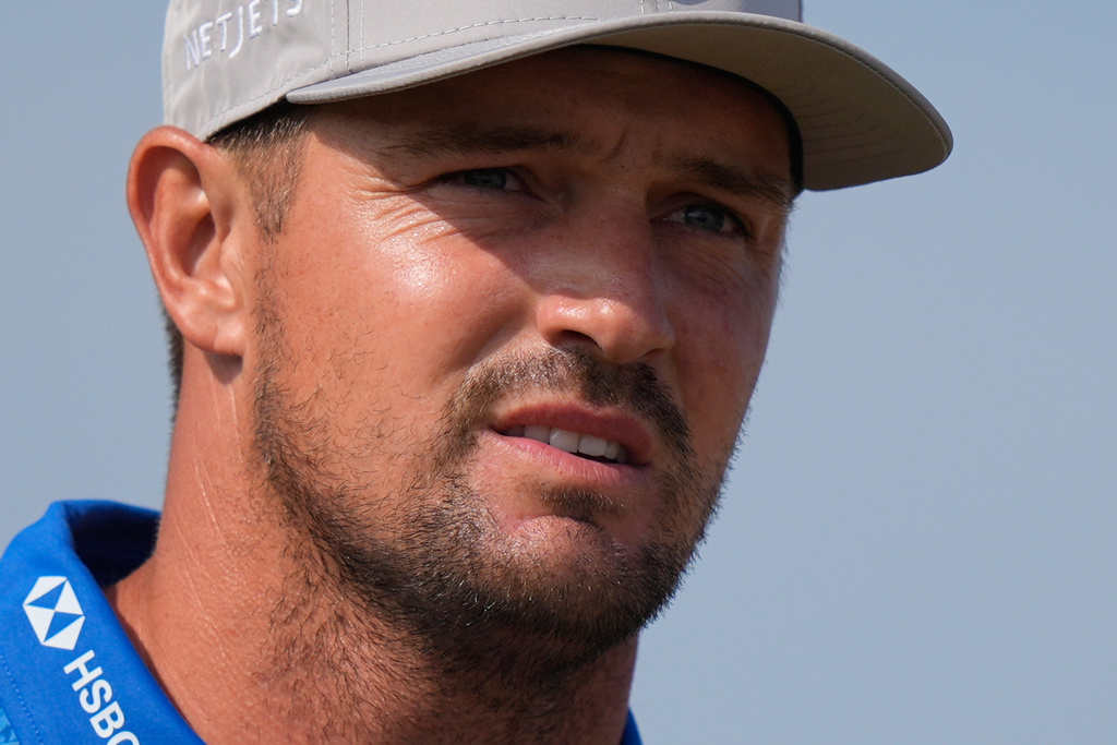Bryson DeChambeau of the United States walks off the 9th tee during the second day of the British Open Golf championships at Royal Birkdale golf club, in Southport, England, Friday, July 17, 2026. (AP Photo/David Goldman)