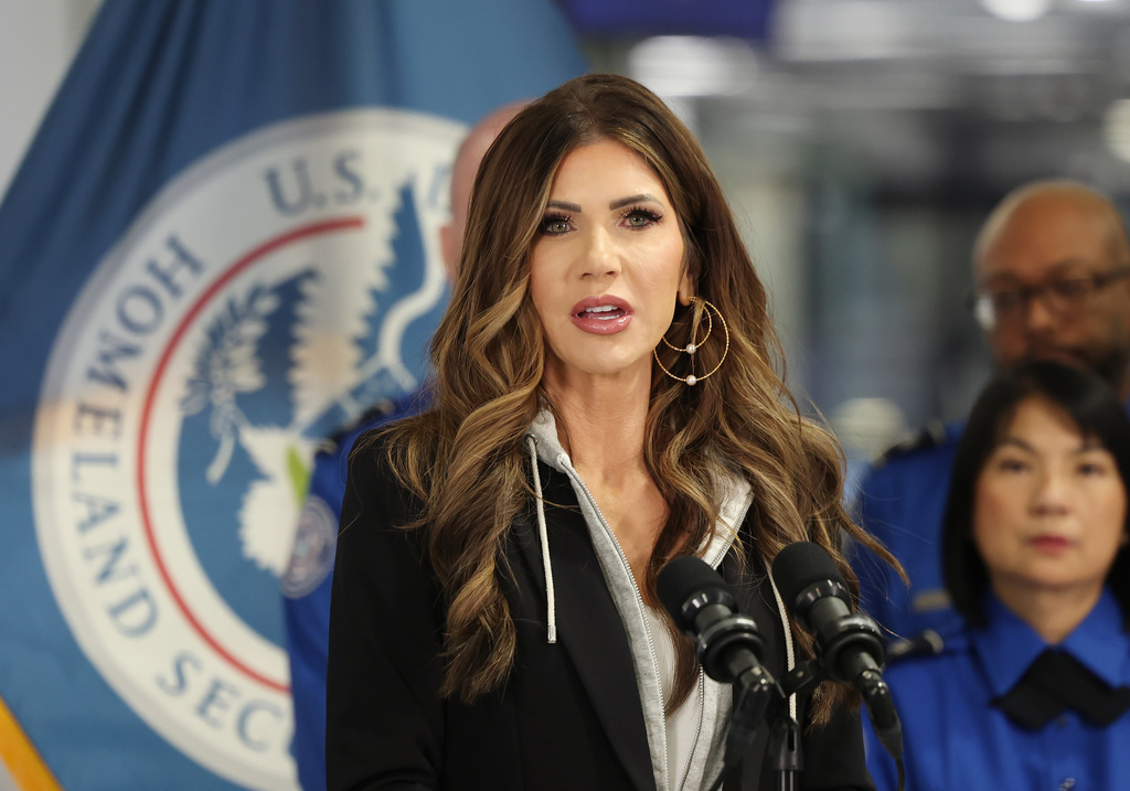 U.S. Homeland Security Secretary Kristi Noem speaks at a news conference at Harry Reid International Airport, Saturday, Nov. 22, 2025, in Las Vegas. (AP Photo/Ronda Churchill)
