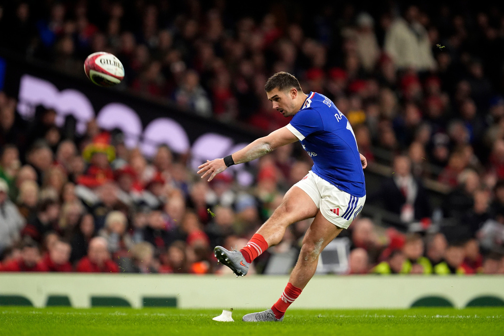 France's Thomas Ramos takes a conversion kick during the Six Nations rugby union match between Wales and France in Cardiff, Wales, Sunday Feb. 15, 2026. (Andrew Matthews/PA via AP)