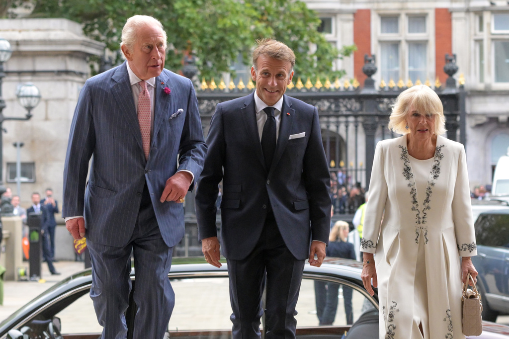 Britain's King Charles III, Emmanuel Macron, President of France, and Queen Camilla arrive to view the Bayeux Tapestry at the British Museum in London, Wednesday, Sept. 2, 2026. (AP Photo/Thomas Krych, Pool)