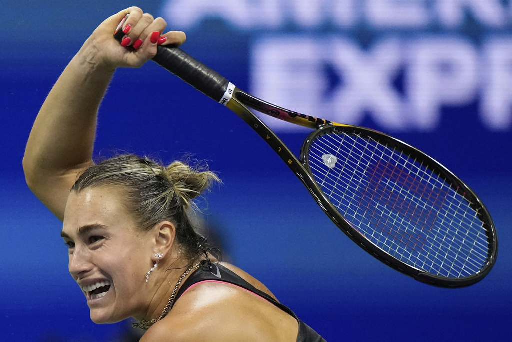 Aryna Sabalenka, of Belarus, returns a shot to Jessica Pegula, of the United States, during the women's singles semifinals of the U.S. Open tennis championships, Thursday, Sept. 4, 2025, in New York. (AP Photo/Frank Franklin)