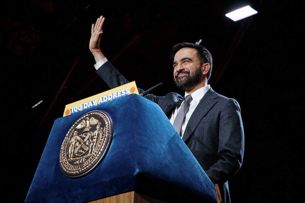 New York City Mayor Zohran Mamdani waves during an address marking his first 100 days in office at the Knockdown Center, Sunday, April 12, 2026, in New York. (AP Photo/Andres Kudacki)