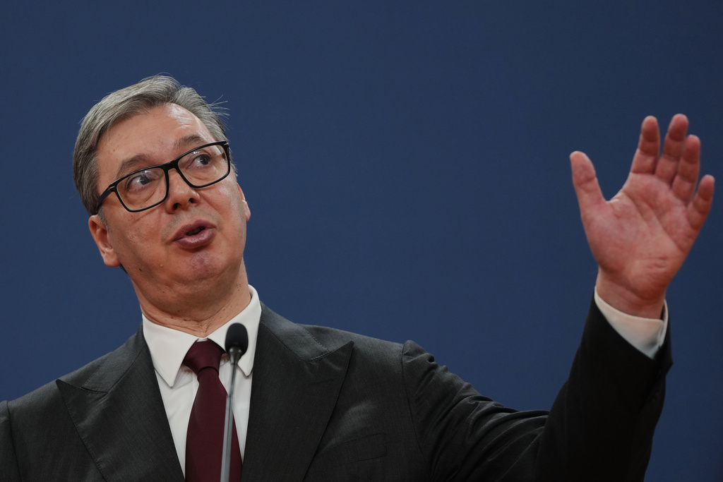 Serbian President Aleksandar Vucic speaks to the media during a joint news conference with European Commission President Ursula von der Leyen at the Serbia Palace in Belgrade, Serbia, Wednesday, Oct. 15, 2025. (AP Photo/Darko Vojinovic)