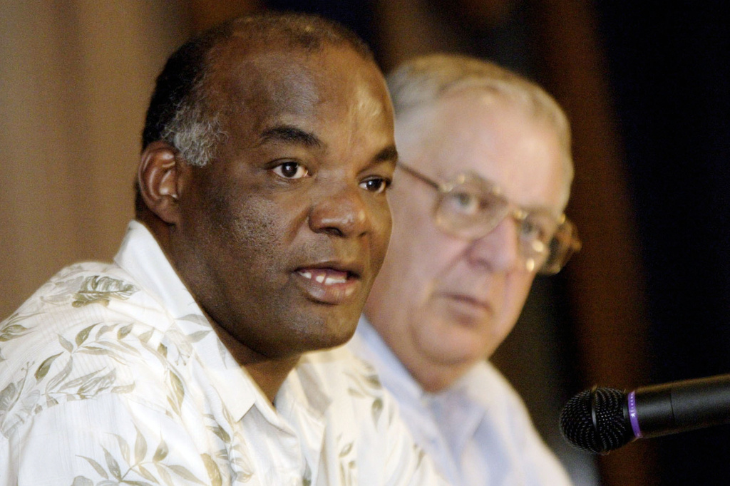 FILE - Lawrence McCutcheon, St. Louis Rams director of player personnel, left, and Charlie Armey, vice president for players, take questions during a news conference in St. Louis on April 20, 2005. (AP Photo/James A. Finley, File)