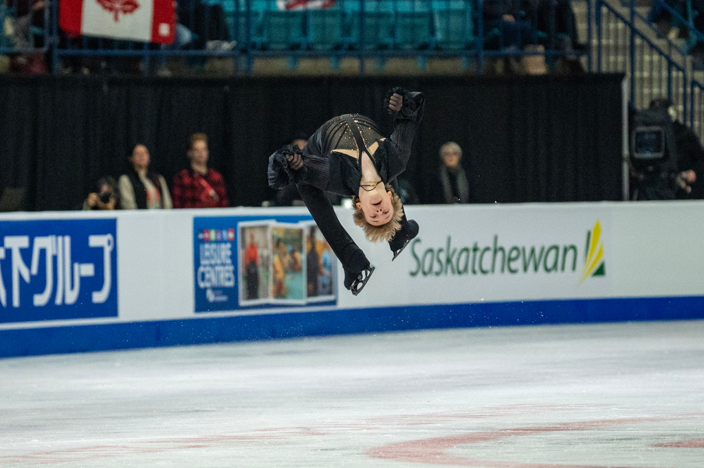 Ilia Malinin, of the United States, performs in the men's free program of the Skate Canada International figure skating competition in Saskatoon, Saskatchewan, Sunday, Nov. 2, 2025. (Liam Richards/The Canadian Press via AP)