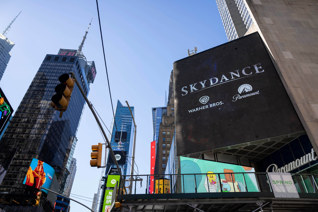 A Skydance billboard is displayed outside Paramount Global office in Times Square, Tuesday, Oct. 6, 2026, in New York. (AP Photo/Yuki Iwamura)