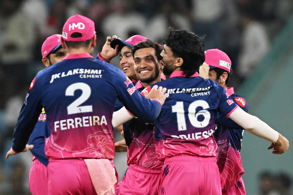 Rajasthan Royals' Ravi Singh, center, celebrates with teammates after running out Lucknow Super Giants' Ayush Badoni during the Indian Premier League cricket match between Lucknow Super Giants and Rajasthan Royals in Lucknow, India, Wednesday, April 22, 2026. (AP Photo)