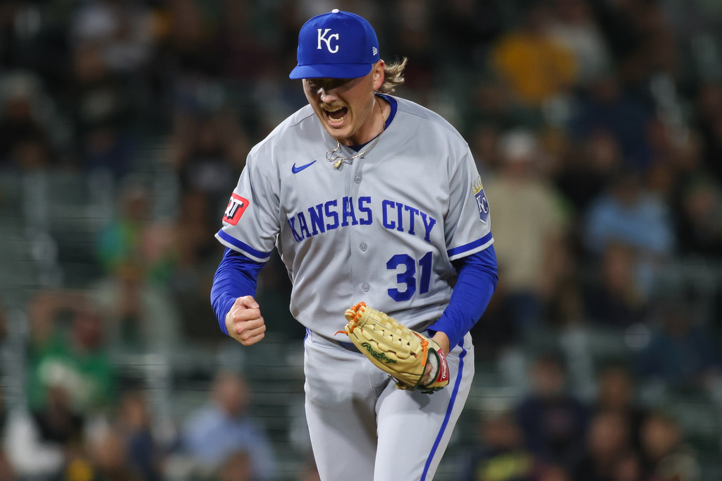 Kansas City Royals Nick Mears reacts after striking out Athletics' Nick Kurtz to end the bottom of the ninth inning of a baseball game Tuesday, April 28, 2026, in West Sacramento, Calif. (AP Photo/Scott Marshall)