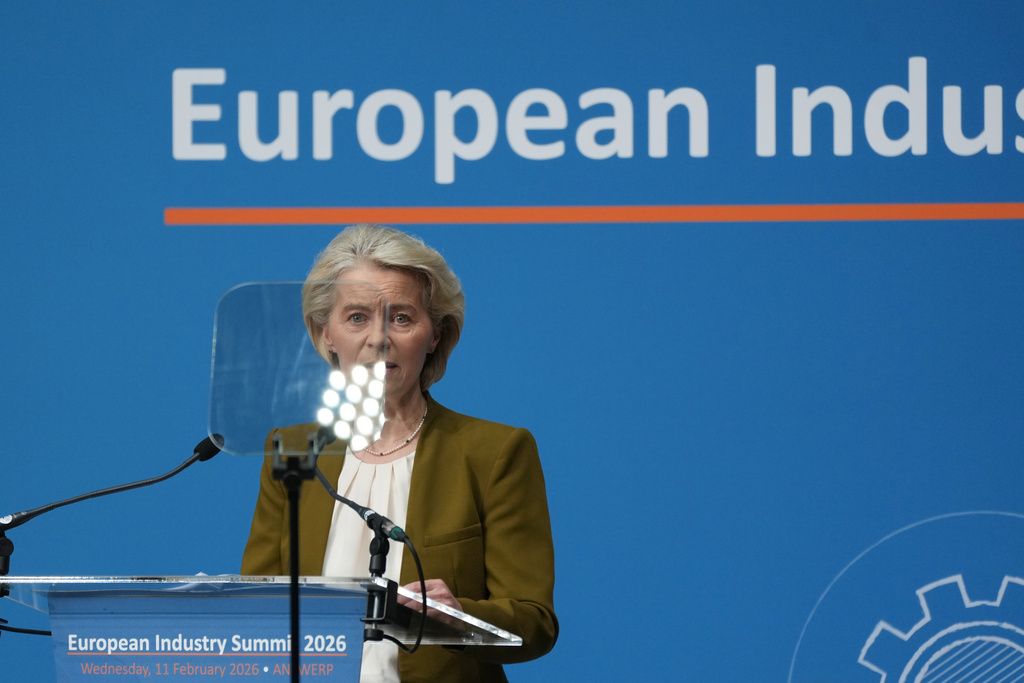 European Commission President Ursula von der Leyen speaks during the European Industry Summit in Antwerp, Belgium, Wednesday, Feb. 11, 2026. (AP Photo/Virginia Mayo)